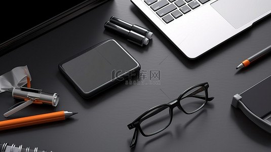 笔记本顶视图背景图片_从顶视图看黑桌工作区的 3D 插图，配有笔记本电脑笔和眼镜