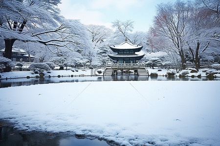 冬天古建筑背景图片_池塘和雪在树下 韩国 韩国 韩国 照片来自 flickr