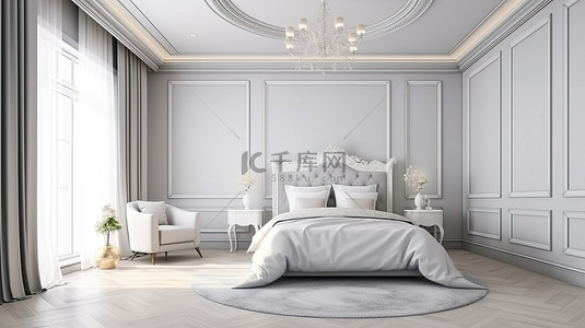优雅的白色卧室，配有经典的墙壁设计 3D 渲染，配有别致的床和舒适的灰色毯子