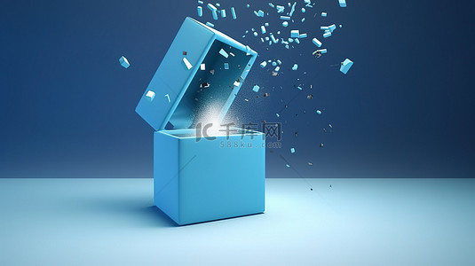 开放背景背景图片_蓝色主题背景，带有开放礼品盒和文本 3D 渲染空间，带有掉落礼品 3D 插图