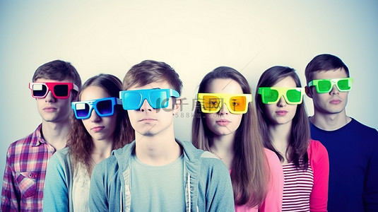 五位年轻朋友戴着 3D 眼镜享受乐趣