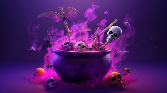 背景喜悦背景图片_巫术喜悦大锅骨头头骨鬼魂和扫帚漂浮在紫色背景快乐万圣节 3D 渲染