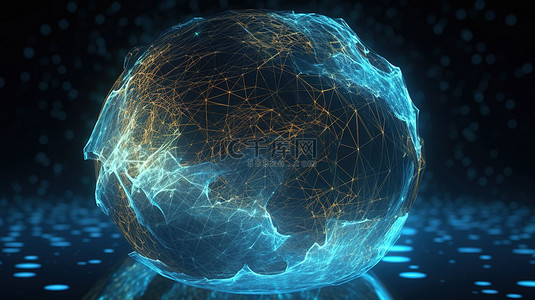 具有互连线框的抽象背景地球网格 3D 插图