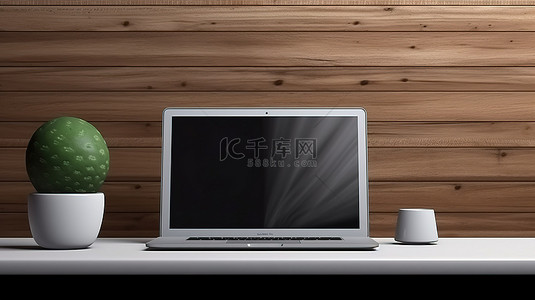 设计师背景图片_木墙背景与 3D 渲染笔记本电脑和桌面模型