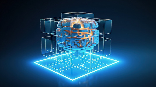 蓝色背景下包围全息大脑的多个矩形的 3D 渲染人工智能概念