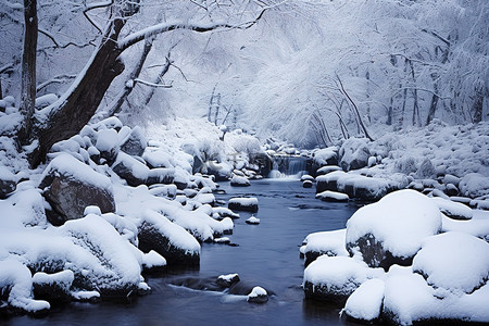 繁茂枯萎背景图片_树木繁茂的地区白雪覆盖的岩石