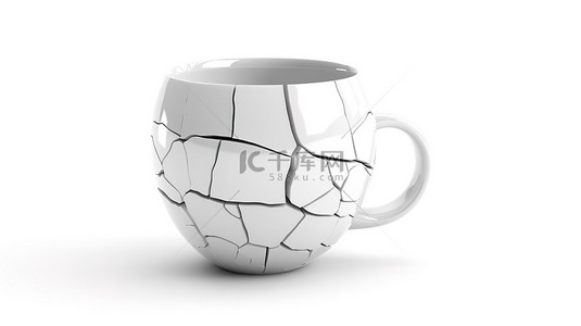 茶杯子背景图片_白色背景破裂的白色杯子的 3d 渲染