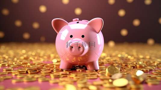 金币雨点落在粉红小猪上，用于创新的财务储蓄和存款理念，具有充足的复制空间 3D 渲染