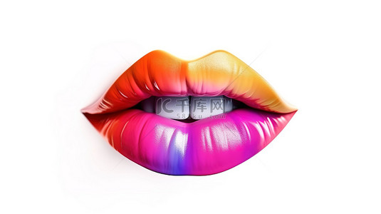 白色背景上亲吻手势中女性多彩多姿的嘴唇的 3D 渲染