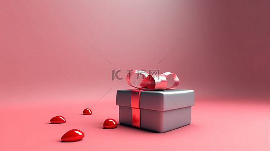 情人节快乐 3D 渲染的心和礼品盒