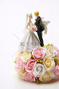 白色背景婚礼背景图片_白色背景的真正婚礼新娘和新郎雕像和新娘花束