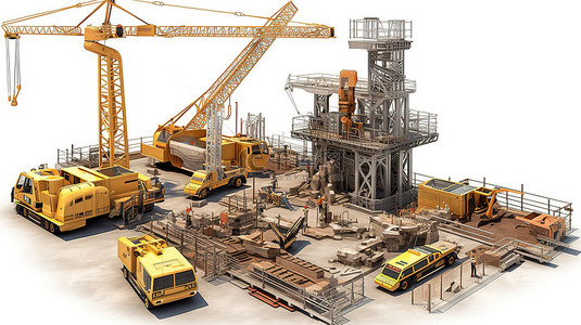 带起重机挖掘机和建筑设计元素的独立 3D 施工现场