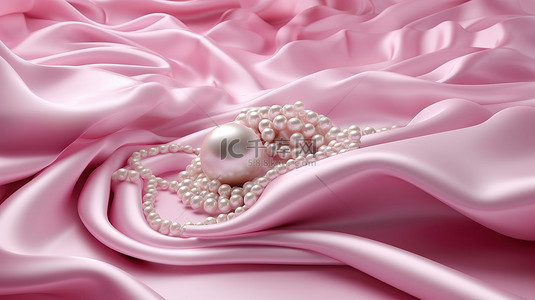 粉红色珍珠覆盖豪华面料背景的 3D 可视化