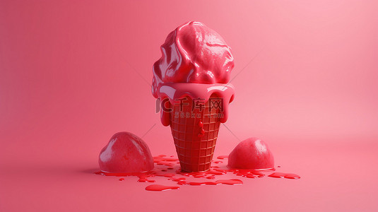 粉红色背景与 3d 呈现红色心形冰淇淋