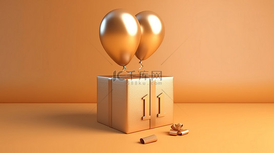 礼物盒子海报背景图片_金色惊喜气球和盒子渲染欢乐12岁生日庆典