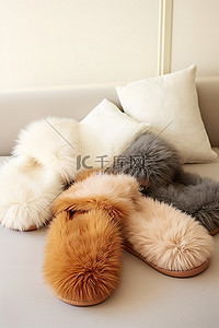 冬天温暖背景图片_温暖的白色毛皮拖鞋和床上的拖鞋