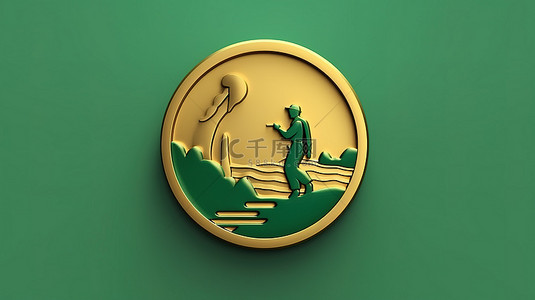 潮水绿色背景上的徒步徽章福尔图纳金色徒步旅行者符号 3D 渲染的社交媒体图标
