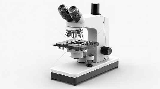 现代实验室显微镜显示在白色背景上，以 3D 数字方式呈现