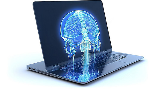 核磁共振设备扁平背景图片_电脑笔记本在白色背景上显示 3D 渲染的大脑 X 射线