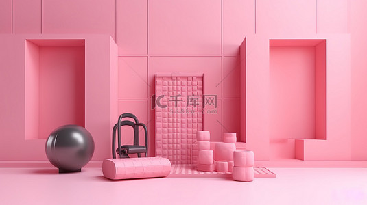 粉红色讲台上显示的 3D 渲染健身设备