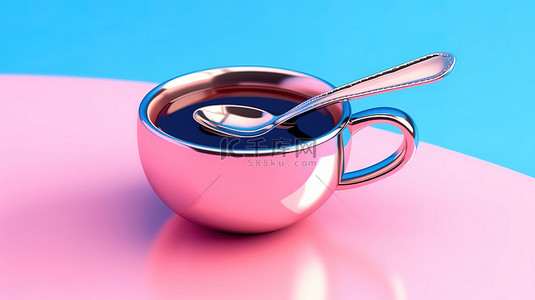 带勺子的双色粉色咖啡杯