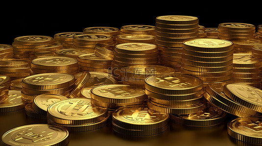 金色比特币背景图片_在 3D 渲染中闪闪发光的金色比特币和成堆的闪闪发光的硬币
