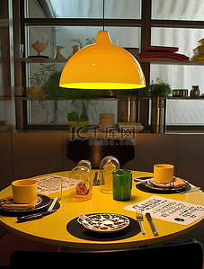 勺子黄色背景图片_一间小餐厅有黄色灯罩和餐位设置