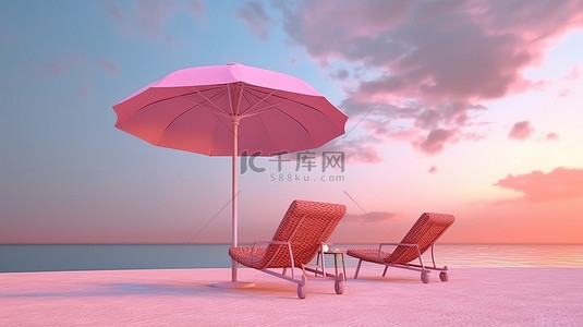 日落时分，在粉色棕榈树天空下的 3D 渲染沙滩椅上放松身心