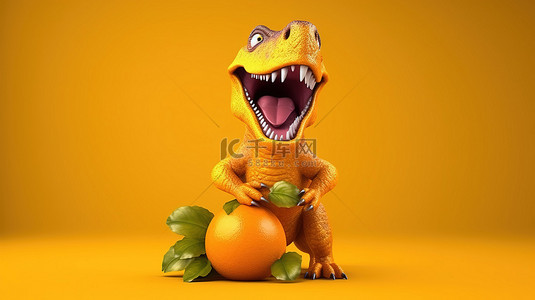 人物金融背景图片_手拿橙色水果的搞笑霸王龙的 3D 插图