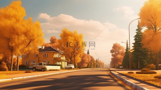 金色树叶背景背景图片_秋日景观的 3D 插图，以房屋道路和城市建筑为特色，周围环绕着金色树叶的树木