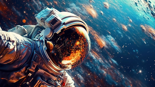银河探险家宇航员的头盔反映了恒星和宇宙的美丽 3D 渲染