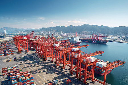港口塔吊背景图片_港口码头堆满了敞开的集装箱