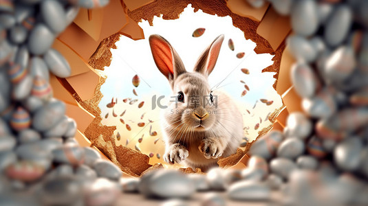 复活节彩蛋形洞的 3D 渲染，揭示兔子