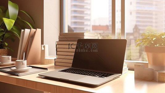 样机纸张背景图片_现代家庭办公室中笔记本电脑屏幕模型的 3D 渲染，配有纸张整理器和附近窗户的自然采光