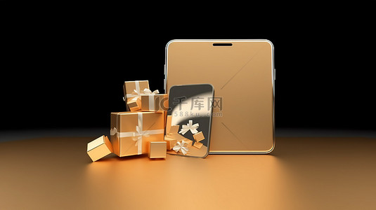 时尚的手机模型，具有黄金时刻和带有银行卡 3D 渲染的在线购物服务