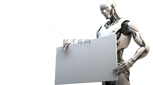 一个未来派的机器人或机器人，在 3d 渲染的孤立白色空间中带有空白显示板