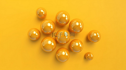 黄色球体簇在孤立的黄色背景 3d 渲染上与圆形图案相对应