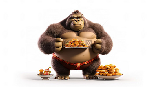 大猩猩背景图片_可爱的 3d 胖乎乎的大猩猩拿着一个幽默的盘子