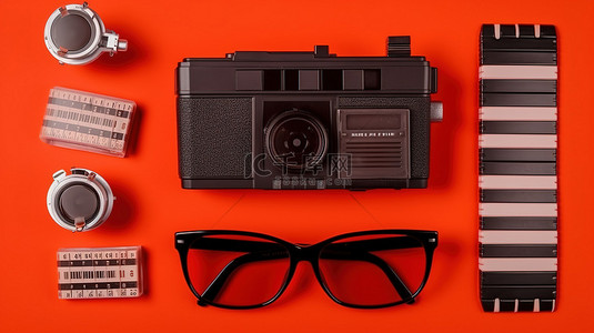 摄影红色背景图片_红色背景顶视图拍板 3D 眼镜录像带和电视遥控器