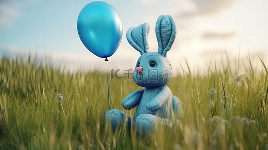 郁郁葱葱的草地上蓝色气球装饰的毛绒玩具兔子 3d 渲染图