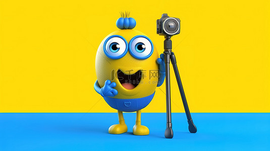 黄色背景 3D 渲染蓝皮书吉祥物，带单反相机或摄像机万向稳定三脚架系统