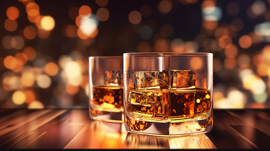 威士忌酒杯放在质朴的酒吧桌上，配有散景灯，具有艺术风格 3D 渲染
