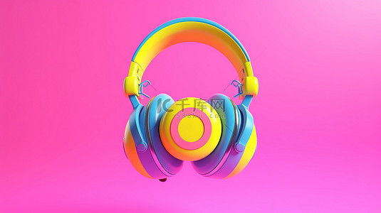 粉红色背景上彩色耳机的充满活力的 3D 渲染非常适合时尚青少年