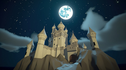 云和月亮背景图片_3d 渲染的卡通城堡，晚上有纸云和满月