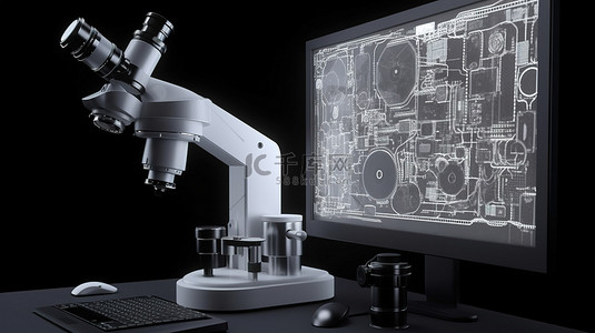 实验家背景图片_机器人手臂在行动 3d 渲染显微镜与显示器显示