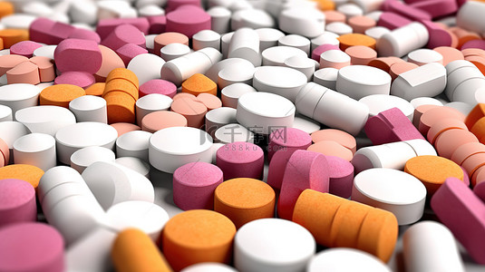 药片医疗背景图片_白色背景充满了一系列 3D 插图药片和药丸，形状和大小不同，形成一堆