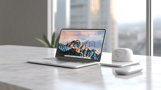 办公桌横幅，带有笔记本电脑和手机在白色混凝土上的 3D 插图