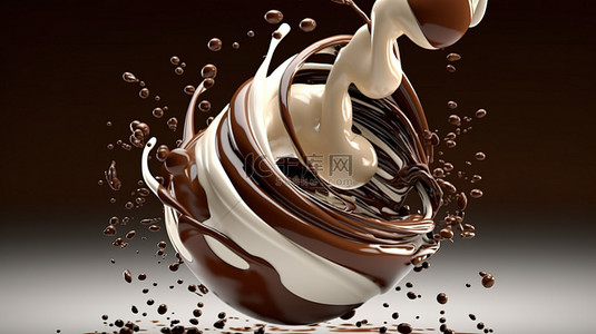 奶流背景图片_带有剪切路径的迷人 3D 渲染中的牛奶和巧克力暴风雨漩涡