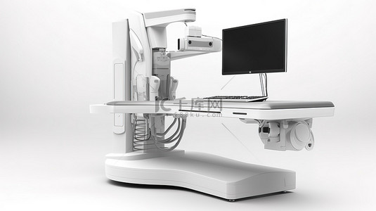 x射线放射背景图片_白色背景展示带显示器的 C 臂机器的 3D 渲染