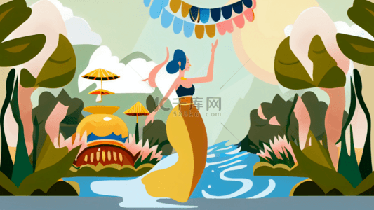 泼水节泰国背景图片_泼水节卡通人物插画